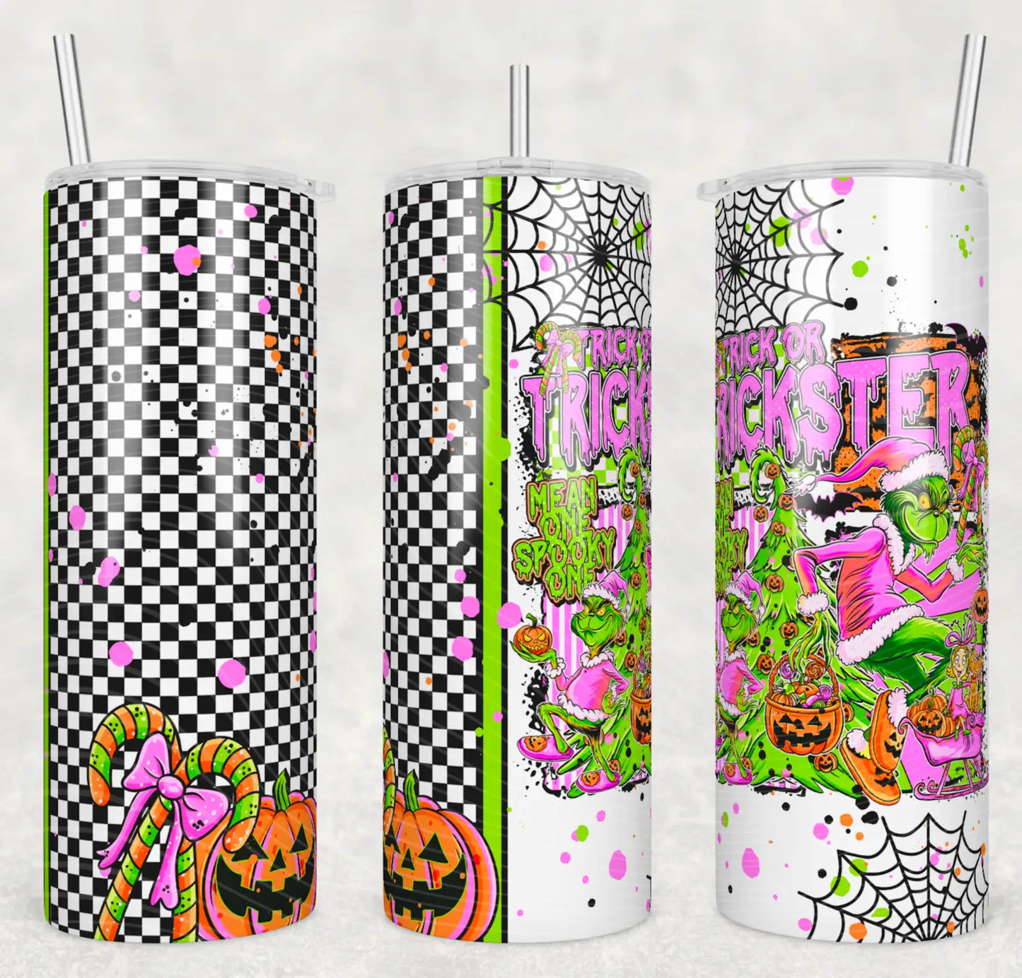Pink Trickster Grinch Tumbler – Halloween with Sass & Style