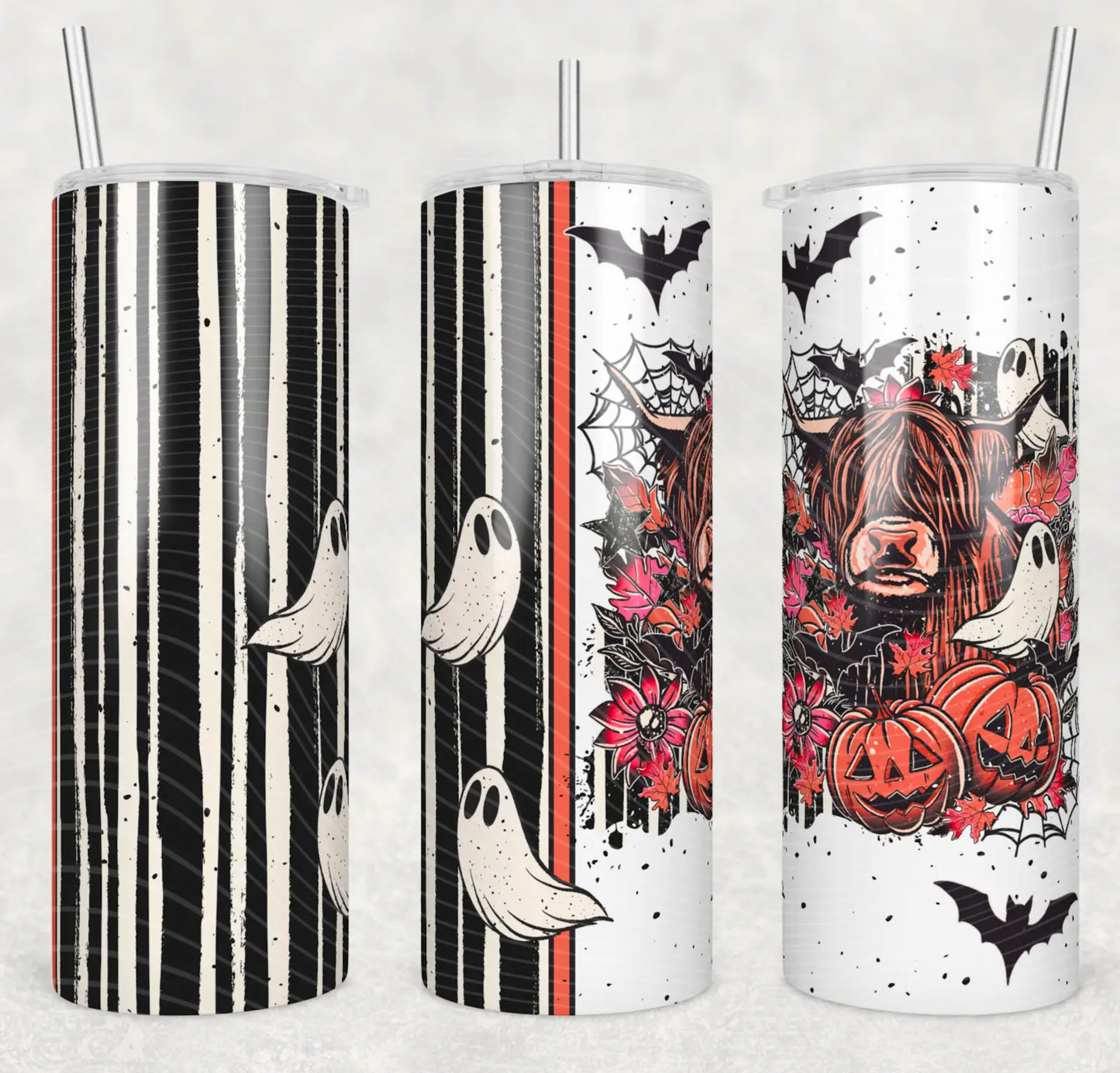 Spooky Cow Tumbler – Ghostly Mooood with Pumpkins & Webs