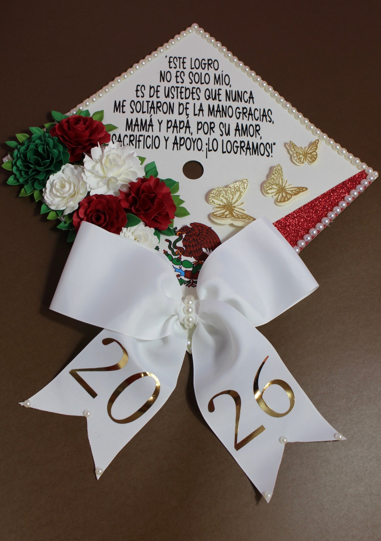 Mexican Floral Graduation Cap Topper | Mexican Flag Inspired Grad Cap Decor with Flowers | Custom Graduation Cap Decoration