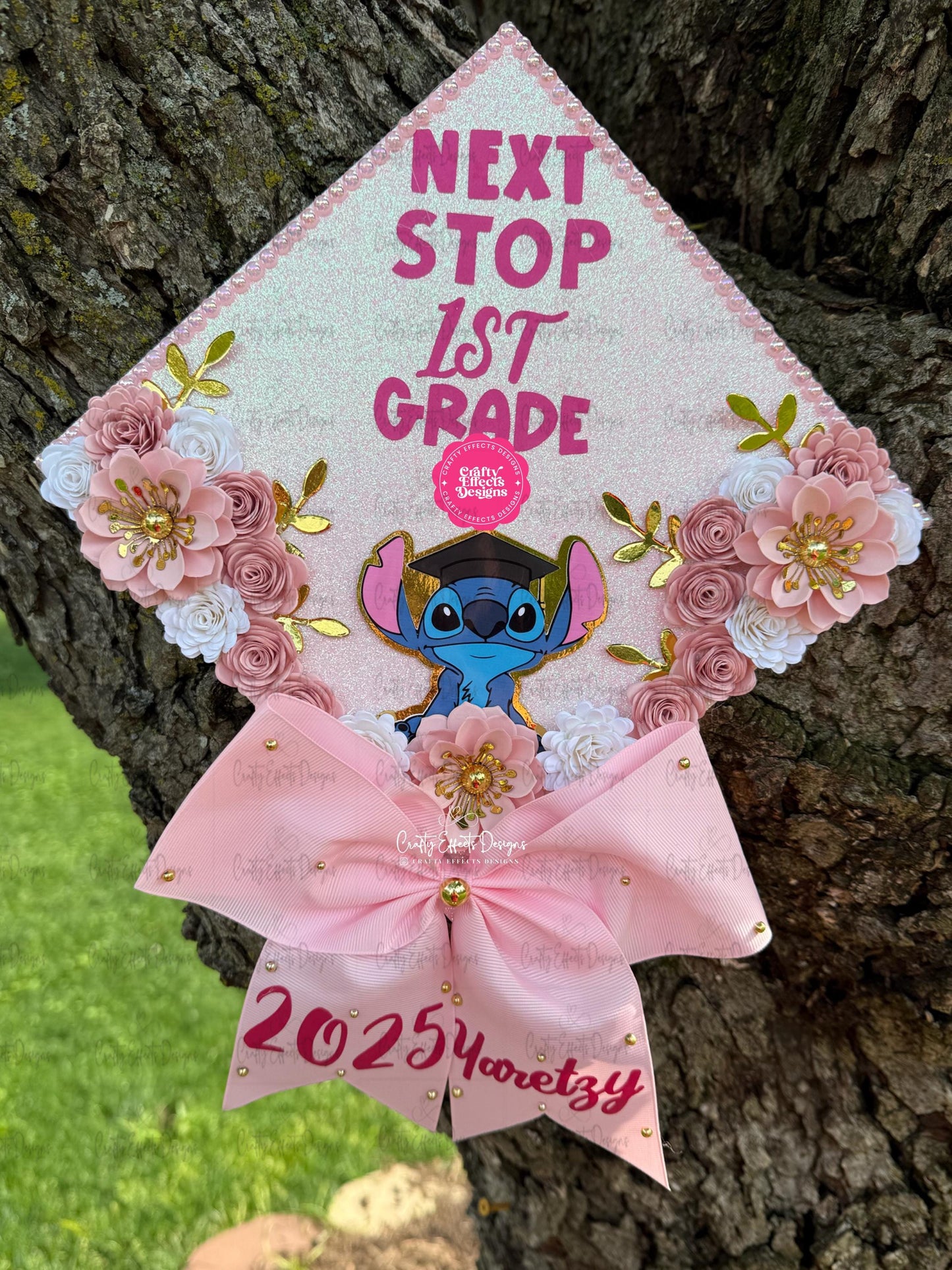 Kids Graduation Cap Topper: Handmade Floral, Pearls & Glitter Cardstock