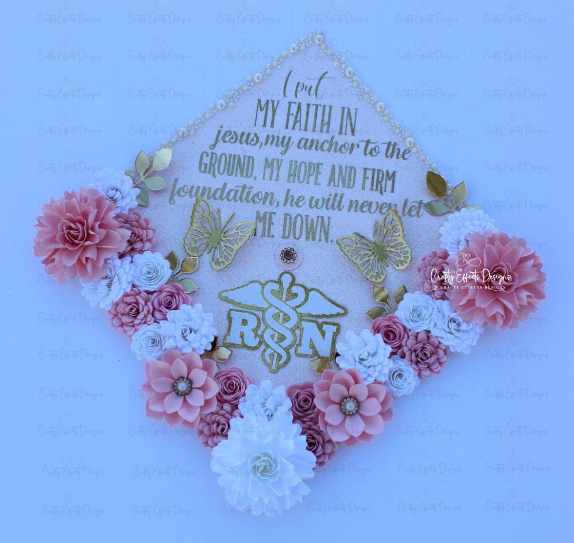 Custom Personalized Nurse RN Teacher Graduation Cap Topper Rose Gold Pink White Flowers Butterflies