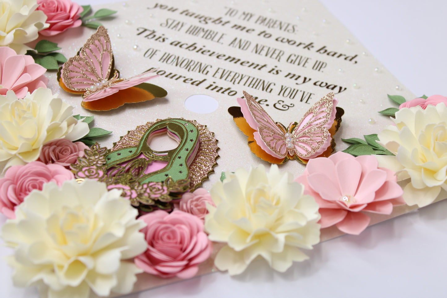 Virgen de Guadalupe Pink Rose Graduation Cap Topper | Handmade Luxury Floral Design