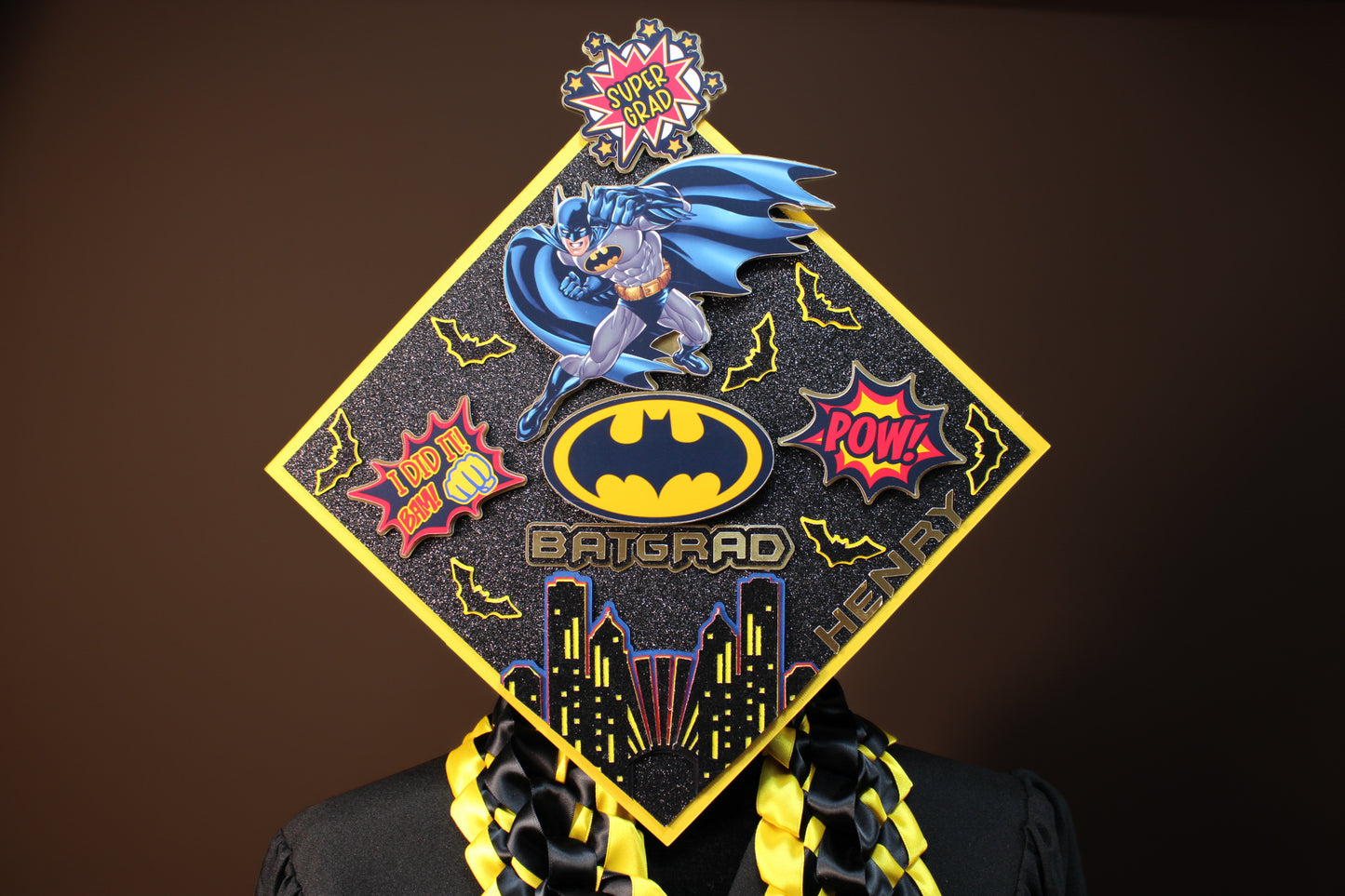 Bat Hero Inspired Graduation Lei & Cap Topper Set – Custom Class of 2026