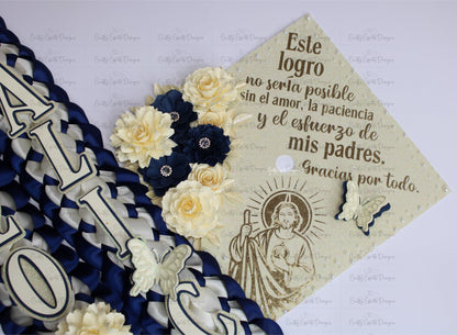 Graduation Cap Topper & Navy Blue Satin Ribbon Lei Bundle  San Judas Tadeo Edition | Class of 2026