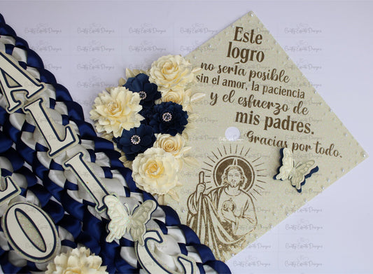 Graduation Cap Topper & Navy Blue Satin Ribbon Lei Bundle  San Judas Tadeo Edition | Class of 2026