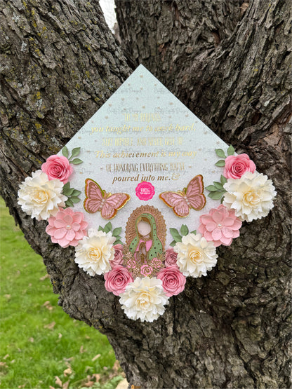 Virgen de Guadalupe Pink Rose Graduation Cap Topper | Handmade Luxury Floral Design
