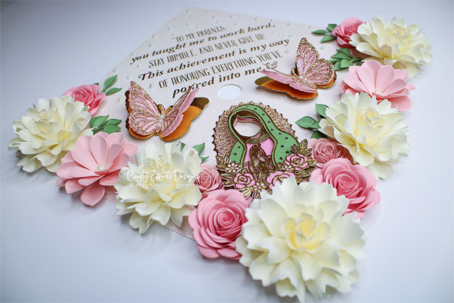 Virgen de Guadalupe Pink Rose Graduation Cap Topper | Handmade Luxury Floral Design