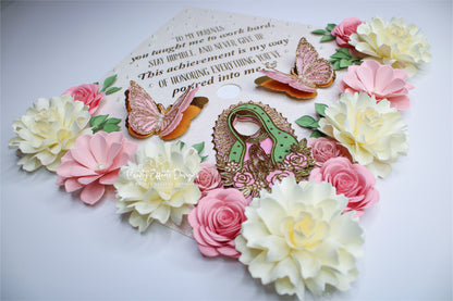 Virgen de Guadalupe Pink Rose Graduation Cap Topper | Handmade Luxury Floral Design