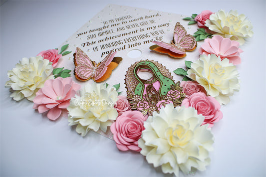 Virgen de Guadalupe Pink Rose Graduation Cap Topper | Handmade Luxury Floral Design