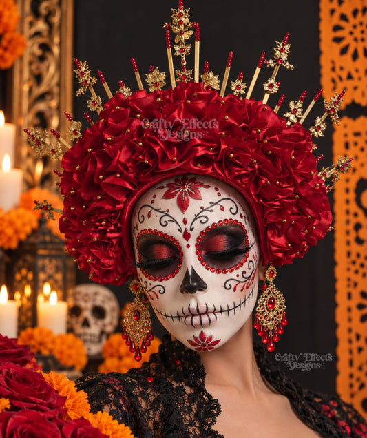 María Bonita – Handmade Catrina Crown | Día de Muertos Red & Gold Headpiece.
