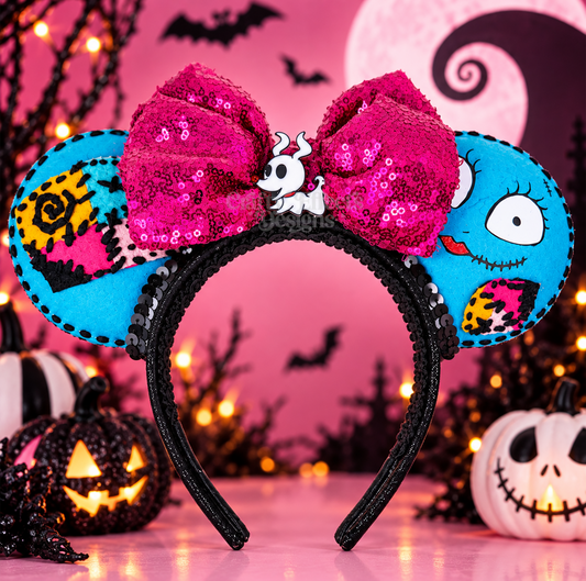 A Halloween-themed mouse ears headband featuring a large pink sequined bow, a central white skull charm, and blue ears decorated with Jack Skellington and Sally designs, set against a pink spooky background with pumpkins and bats.