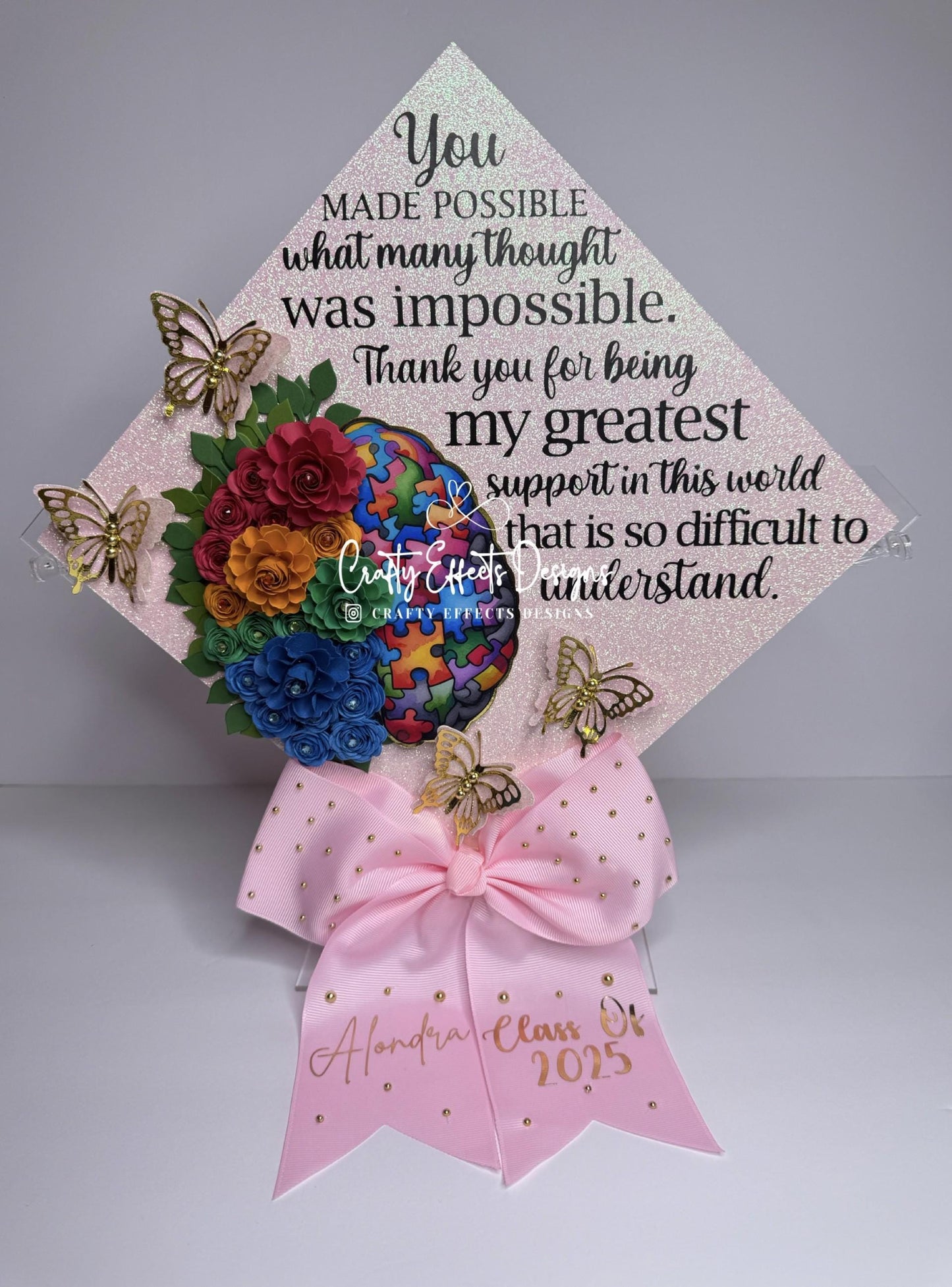Autism Awareness Graduation Cap Topper: Glitter, Flowers, Butterflies