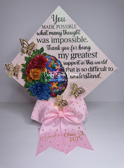 Autism Awareness Graduation Cap Topper: Glitter, Flowers, Butterflies
