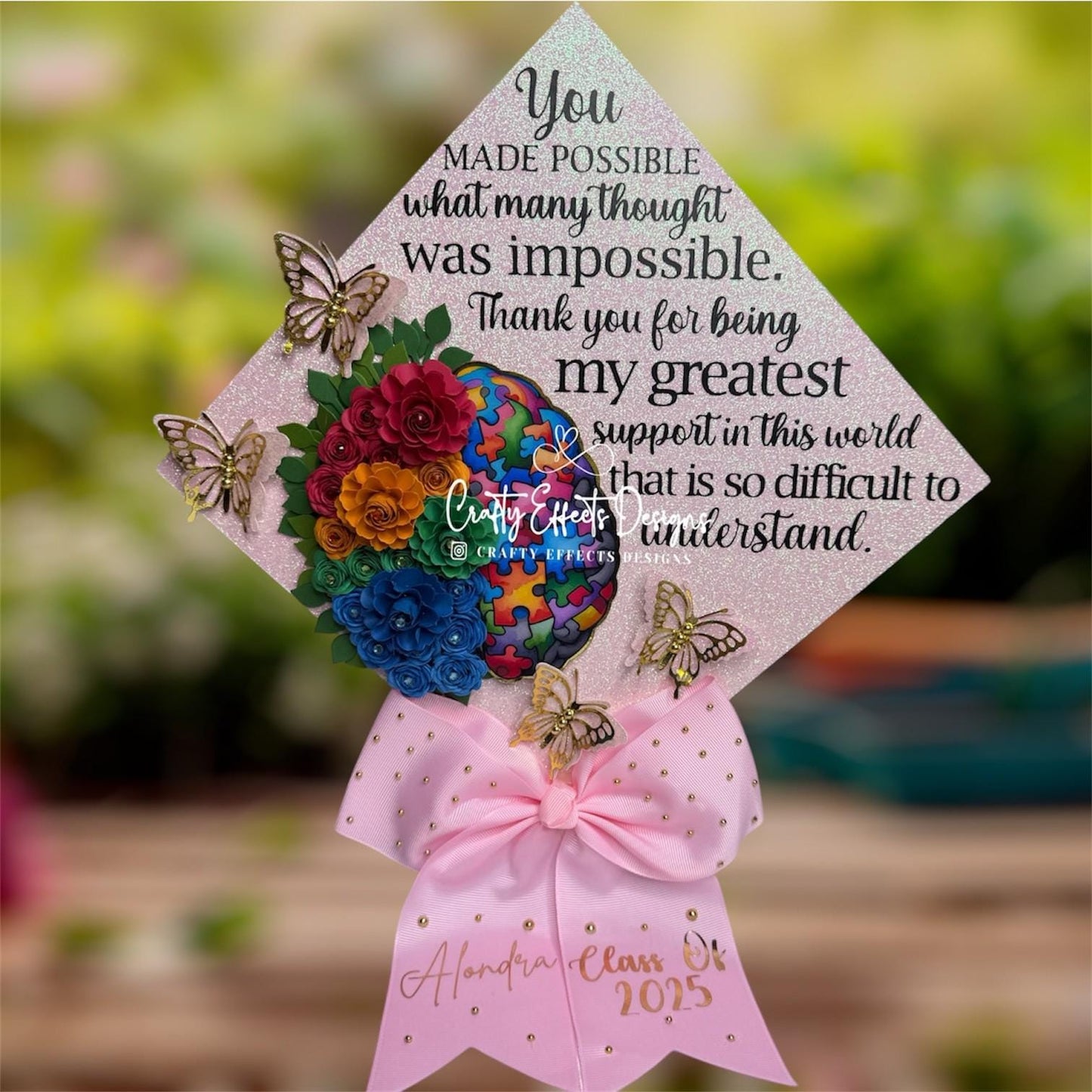 Autism Awareness Graduation Cap Topper: Glitter, Flowers, Butterflies