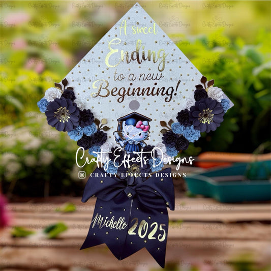 Custom  Kitty Graduation Cap Topper: Glitter & Floral