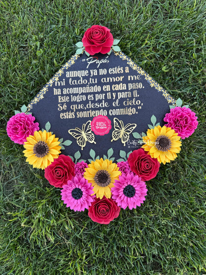 Adorno para birrete de graduación conmemorativo: Diseño floral hecho a mano para papá.