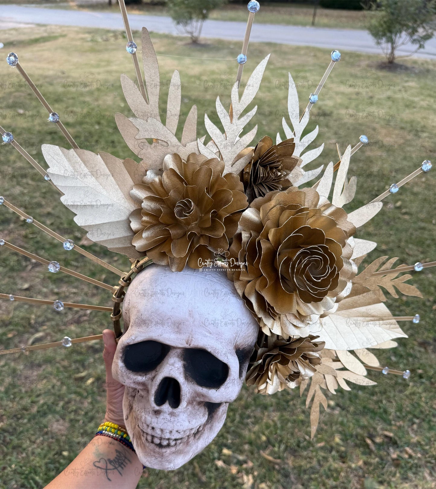 La Catrina Gold Halo Crown: Handmade Dia de los Muertos Floral Crown