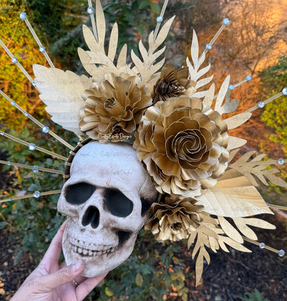 La Catrina Gold Halo Crown: Handmade Dia de los Muertos Floral Crown