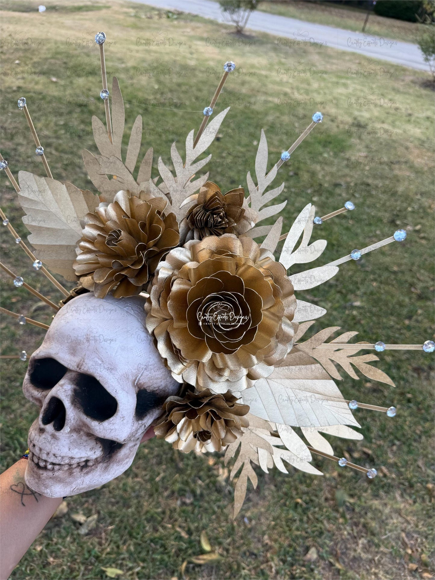 La Catrina Gold Halo Crown: Handmade Dia de los Muertos Floral Crown