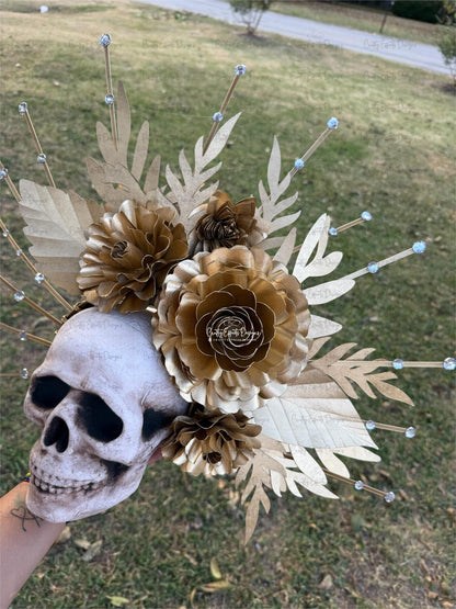 La Catrina Gold Halo Crown: Handmade Dia de los Muertos Floral Crown