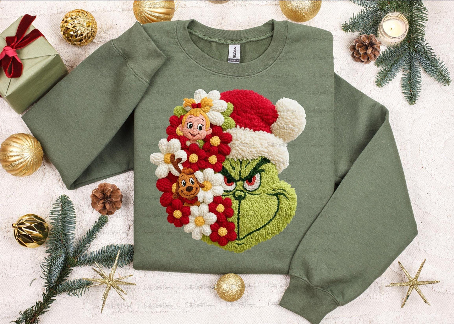 Green Christmas Crewneck Sweatshirt, Faux Crochet Grinchmas Holiday Sweater