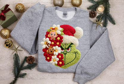 Green Christmas Crewneck Sweatshirt, Faux Crochet Grinchmas Holiday Sweater