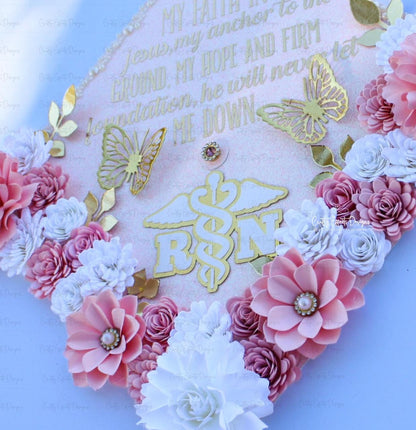 Custom Personalized  Nurse RN Teacher Graduation Cap Topper Rose Gold Pink White Flowers Butterflies