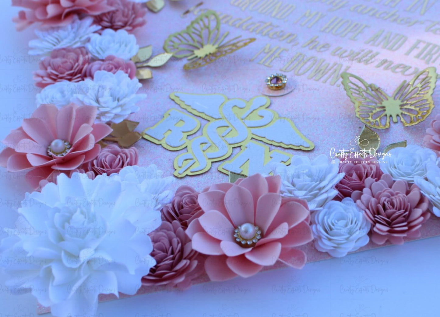 Custom Personalized  Nurse RN Teacher Graduation Cap Topper Rose Gold Pink White Flowers Butterflies