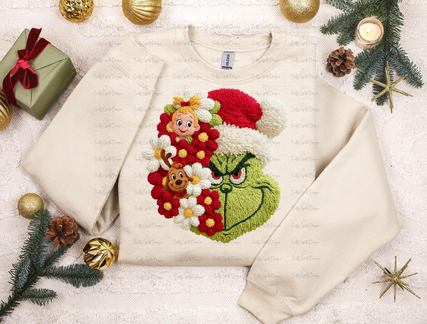 Green Christmas Crewneck Sweatshirt, Faux Crochet Grinchmas Holiday Sweater