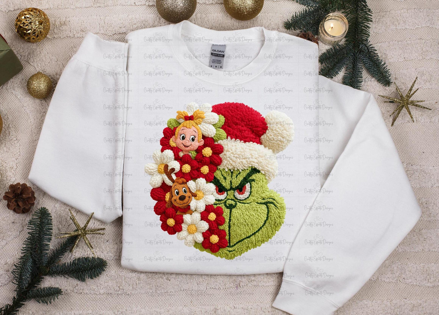 Green Christmas Crewneck Sweatshirt, Faux Crochet Grinchmas Holiday Sweater