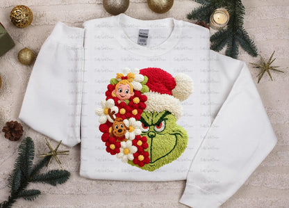 Green Christmas Crewneck Sweatshirt, Faux Crochet Grinchmas Holiday Sweater