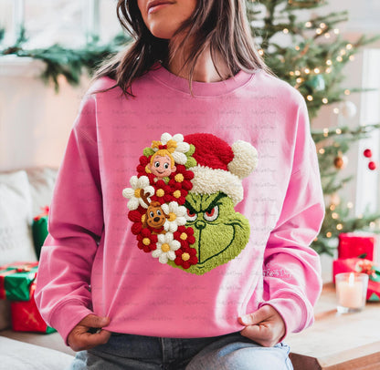 Green Christmas Crewneck Sweatshirt, Faux Crochet Grinchmas Holiday Sweater
