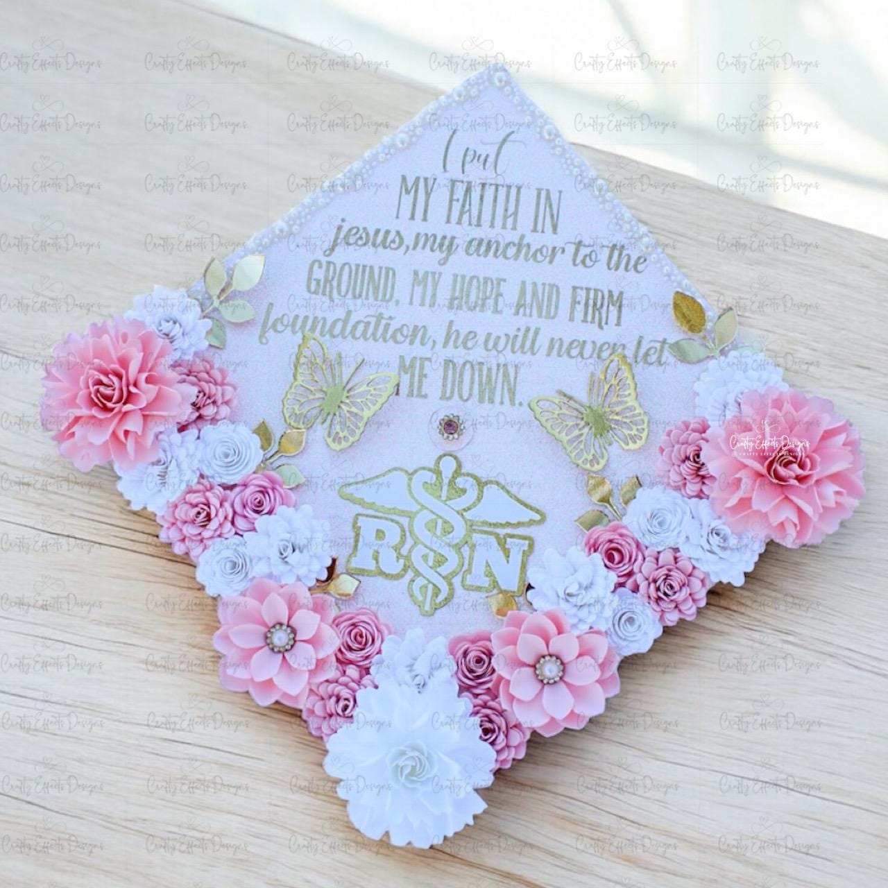 Custom Personalized  Nurse RN Teacher Graduation Cap Topper Rose Gold Pink White Flowers Butterflies