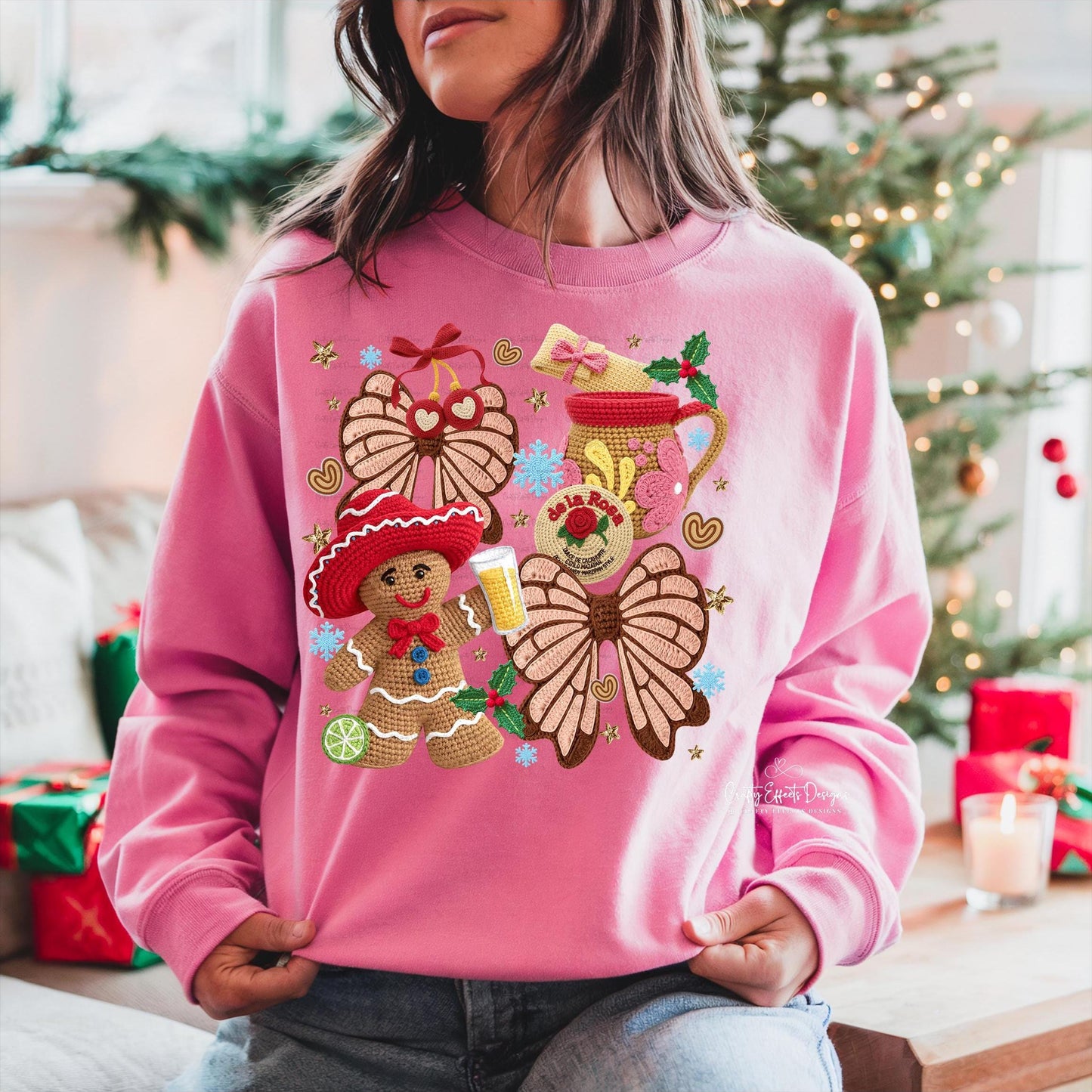 Sudadera navideña retro de pan de jengibre, hilo de ganchillo simulado